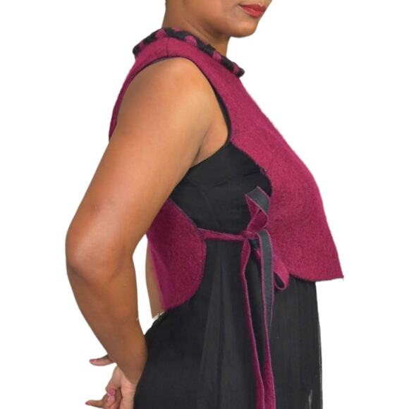 Midi Dress Red Two Tone Overlay Vest Black Mixed Texture Sheer Colorblock Small - Picture 4 of 15